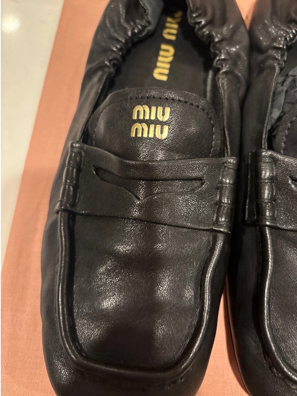 Miu Miu Black nappa Leather Ruches Loafers with gold logo size 39 with box - Picture 5 of 16